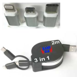 ausziehbares USB Ladekabel 3in1 2m lang schwarz