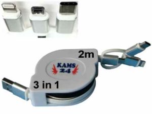 ausziehbares USB Ladekabel 3in1 2m lang weiß